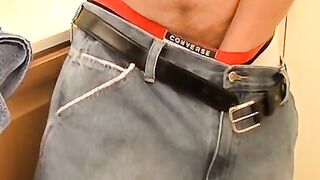 Horny guy wanking his big cock under his sweet underwear