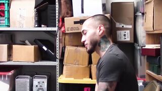 Young shoplifter with tattoos is beaten hard by an Ebony guard