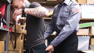 Young shoplifter with tattoos is beaten hard by an Ebony guard