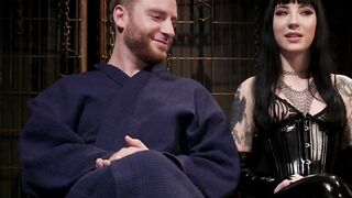Vicious tattooed femdom torments bound man