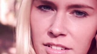 Tracy A a seductive blonde teases her hot shaved solo