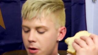 Young homo Aaron Stang rides boss cock wildly in office