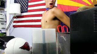 Young homo Aaron Stang rides boss cock wildly in office