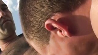Cute twink slobbers on mature dick and jerks off to orgasm
