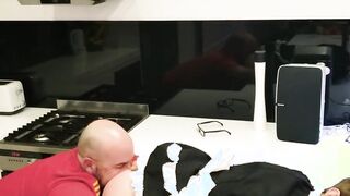 Twink maid with glasses fucked by bald guy in kitchen
