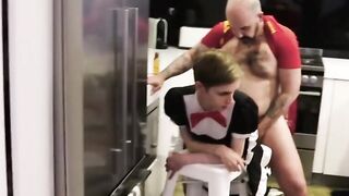 Twink maid with glasses fucked by bald guy in kitchen