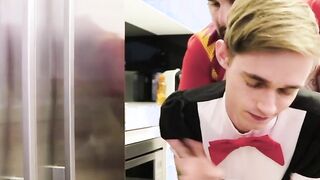 Twink maid with glasses fucked by bald guy in kitchen