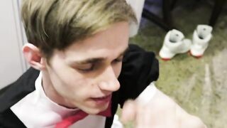 Twink maid with glasses fucked by bald guy in kitchen