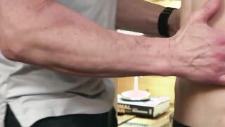 Extra small twink barebacked by muscular mature hunk