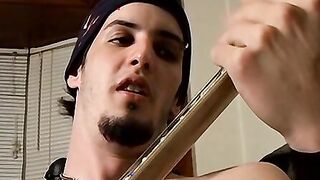 Straight guy playing guitar and jacking off his hairy cock