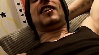 Straight tattooed dude smokes cigars while jacking off