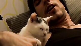 Straight tattooed dude smokes cigars while jacking off