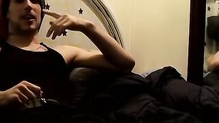 Straight tattooed dude smokes cigars while jacking off