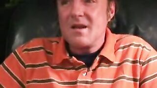 Tattooed mature homo jerks off hard and empties his balls