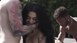 Horny slut TS lets varsity players fuck her ass