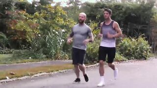 Hairy stepdad drills his jock stepson after lifting weights