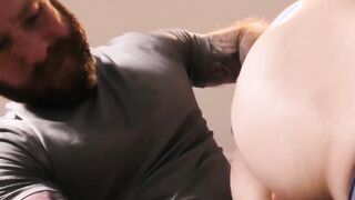 Hairy stepdad drills his jock stepson after lifting weights