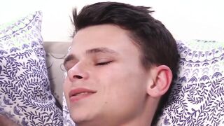 Cute stepson in pajama receives a blowjob from handsome stepdad
