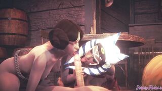 Starwars Cartoon Three-Way Ahsoka Leia 3D 4K - Lick and suck a penis with creampie inside a mouth and boned both at same time