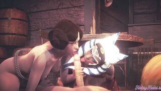Starwars Cartoon Three-Way Ahsoka Leia 3D 4K - Lick and suck a penis with creampie inside a mouth and boned both at same time
