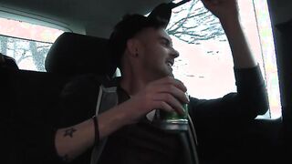 Three young gay guys butt banging in car sex action