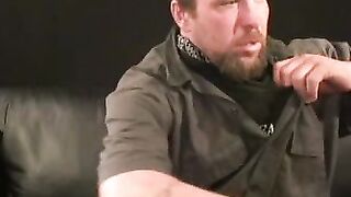 Hairy mature homo masturbates on a chair and cums in buckets