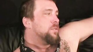 Hairy mature homo masturbates on a chair and cums in buckets