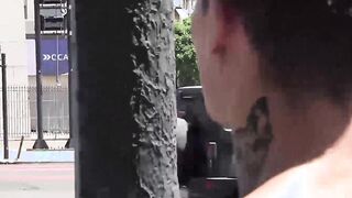 Tattooed Latino guy barebacked hard in a threesome