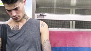 Tattooed Latino guy barebacked hard in a threesome