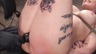 Tattooed curvy slave suspended and dildo fucked
