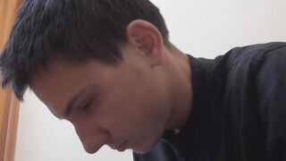Tempting person utilizes two shoes to stroke off his large dong