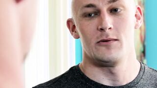 Bald tattooed and very muscular gay barebacks his lover