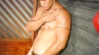 Inked Latino jock enjoys his muscles while jerking big dick