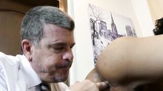 Asian twinks seduce old daddy and service his cock in office