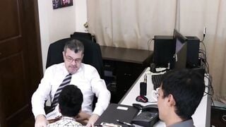 Asian twinks seduce old daddy and service his cock in office