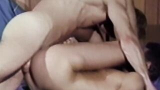 Muscular bottom with mustache barebacked by hung retro lover