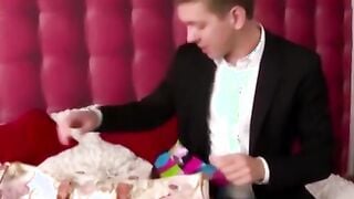 Little infant spreads legs in a triangle for anal intercourse and toy cock