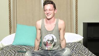 After being interviewed Twink pulls hard on his large fat cock