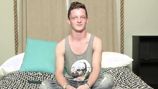 After being interviewed Twink pulls hard on his large fat cock