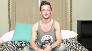 After being interviewed Twink pulls hard on his large fat cock
