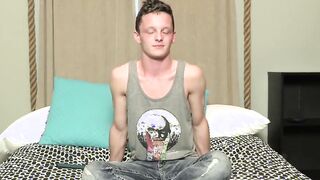 After being interviewed Twink pulls hard on his large fat cock