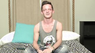 After being interviewed Twink pulls hard on his large fat cock