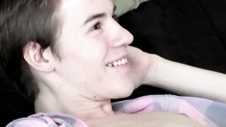 Barebacked twink jerks it off until he is ready to cum