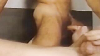 His lover is facefucked by a muscular retro gay before being barebacked