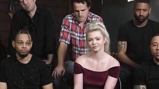 Deep throat bound blonde dp fucked by big dicks group