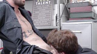 Tatted security officer sucked and milked by twink buddy