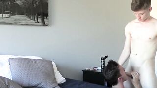 A dick is in the ass of a barebacked twink cums