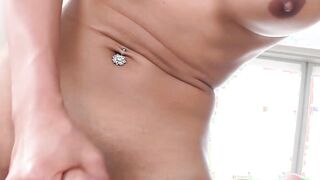 Dirty Tgirl in stockings cums on a submissive Asian's mouth