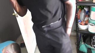 After suckling the BBC an interracial gay janitor was barebacked