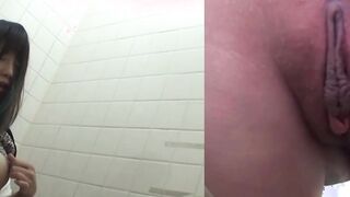 Naughty Japanese babe fingers her pussy in public toilet
